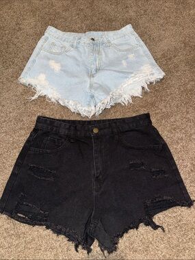 SHEIN Light Blue & Black Distressed High-Waist Denim Shorts (2-Pack)